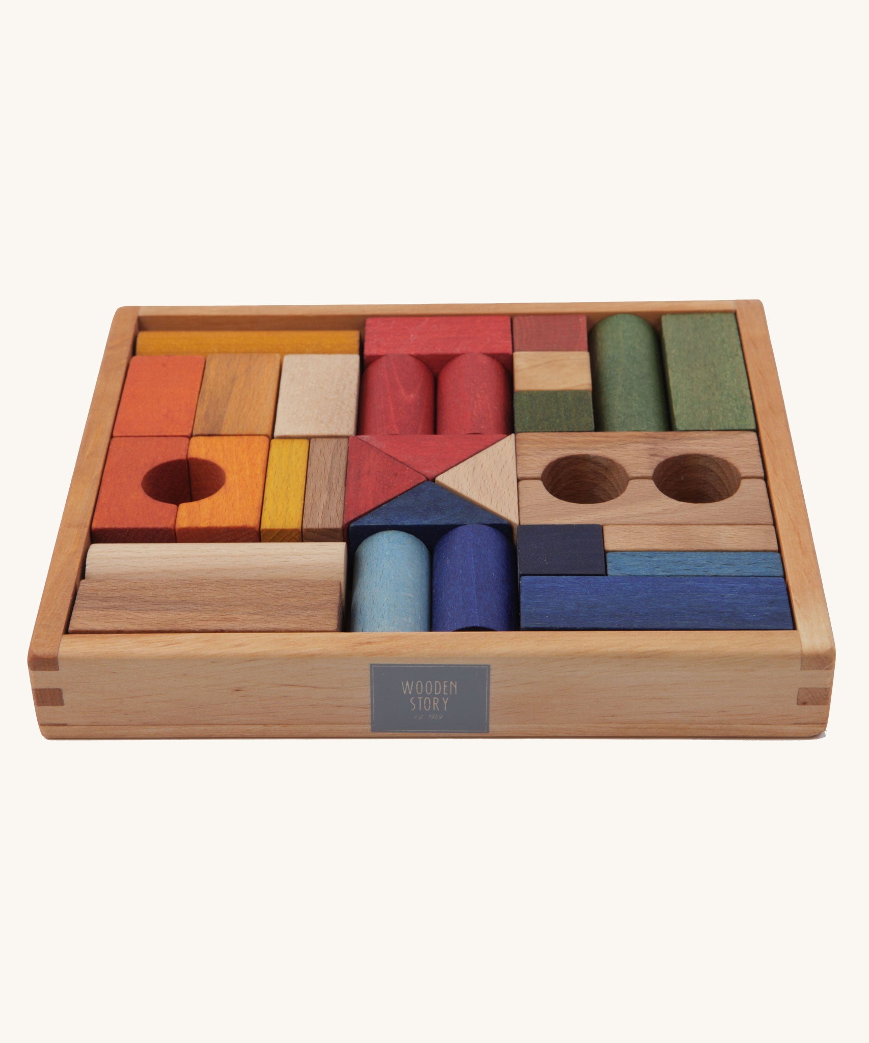 Wooden Story 30 Rainbow Blocks in Tray on a plain background. 