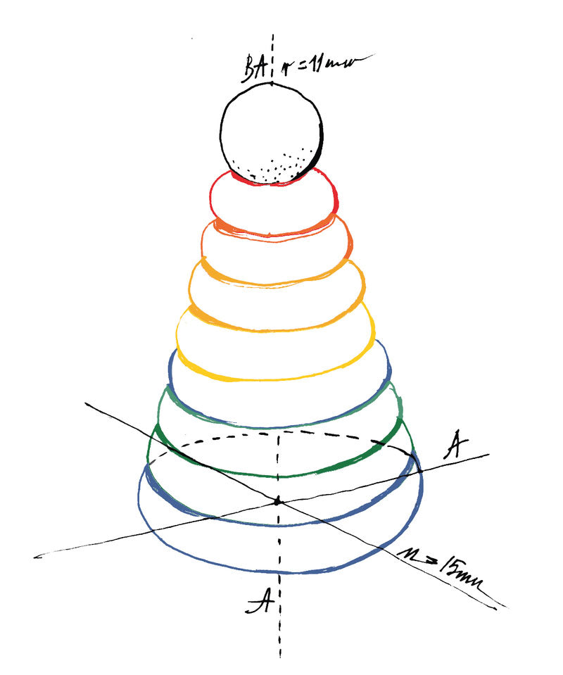 A drawing of the Wooden Story Rainbow Stacker in the design stages. 