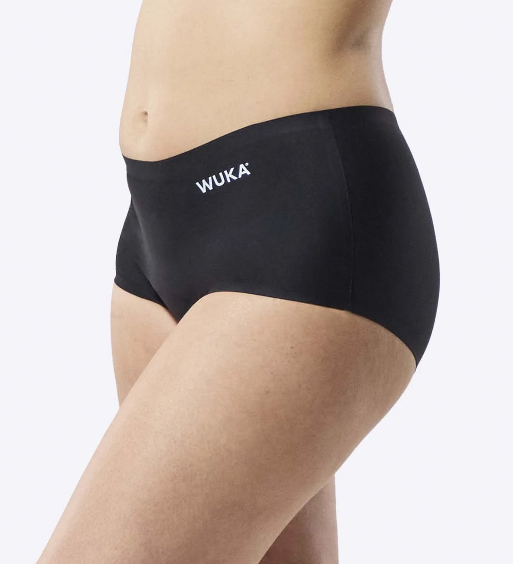 A side view of the WUKA Teen Stretch Boxer Shorts Heavy Flow - Black