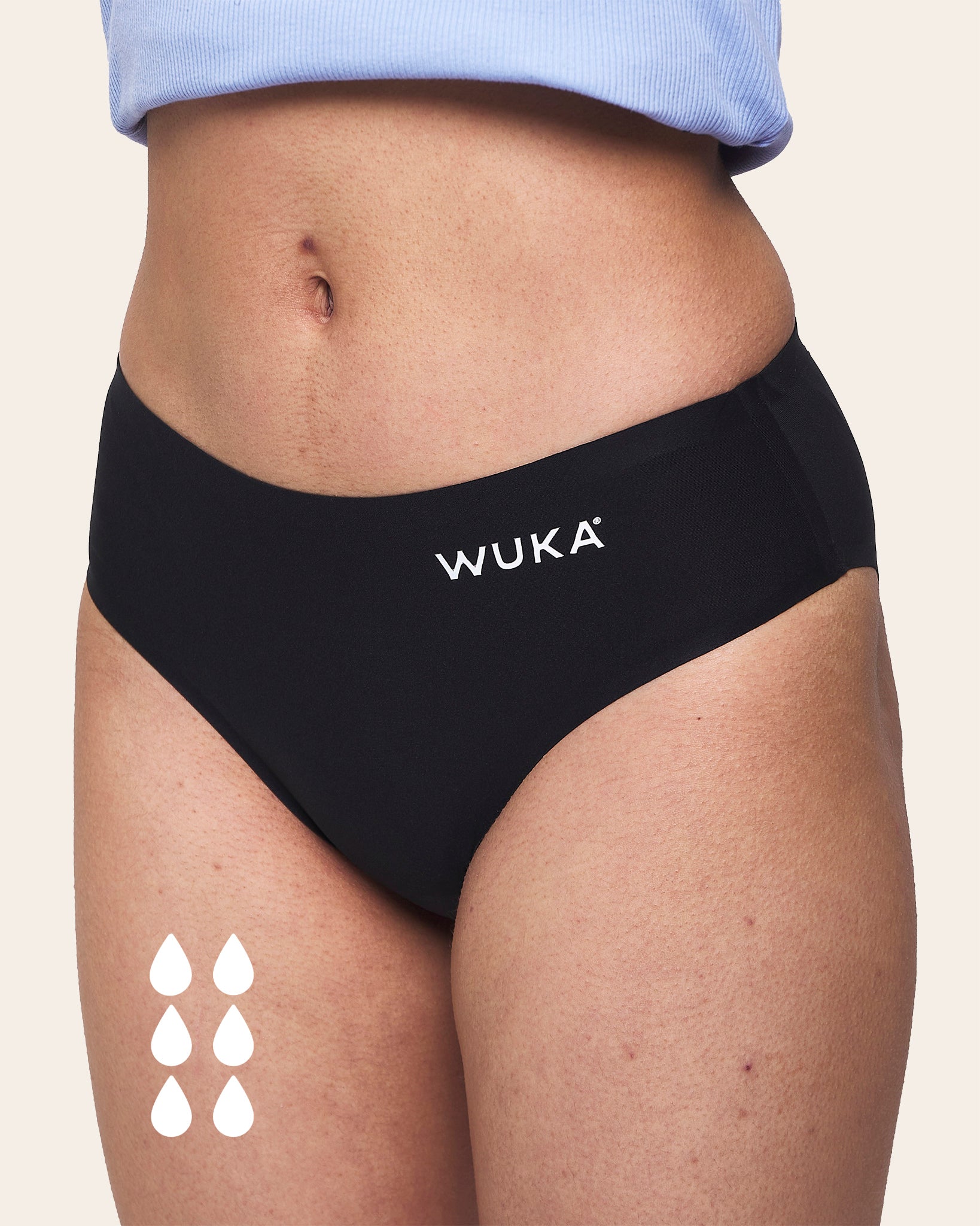 WUKA Teen Stretch Bikini Brief Period Pants from the front, on a cream background