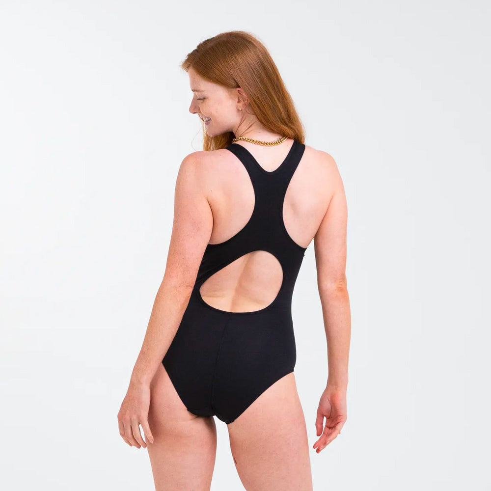 Woman stood backwards on a grey background wearing the WUKA leakproof medium flow period swimsuit