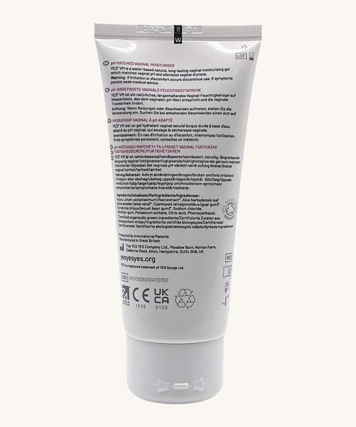 The back of the tube of the YES lube vaginal moisturiser on a cream background