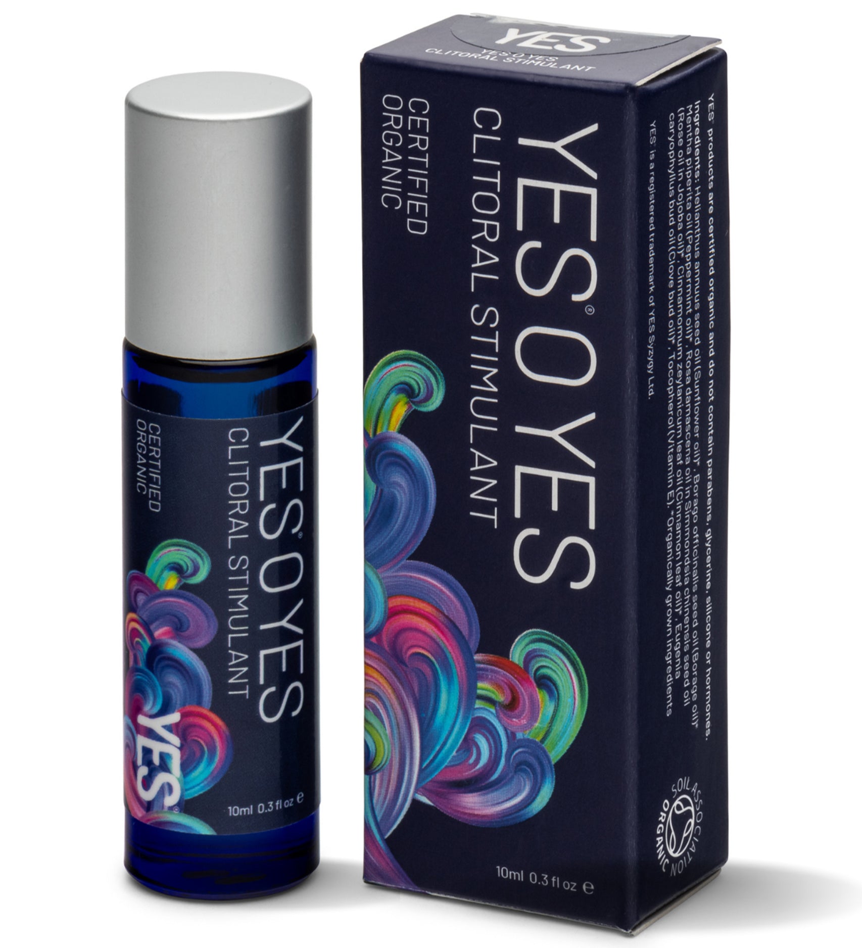 Yes O Yes Intimate Organic Stimulant Oil - 10ml roll-on applicator next to the box, on a white background