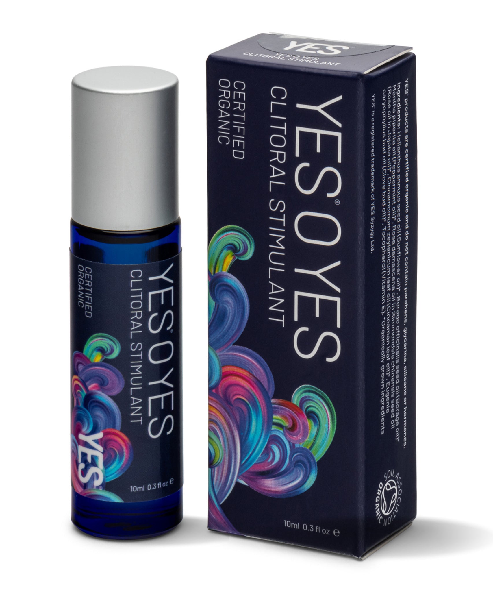 Yes O Yes Intimate Organic Stimulant Oil - 10ml roll-on applicator next to the box, on a white background