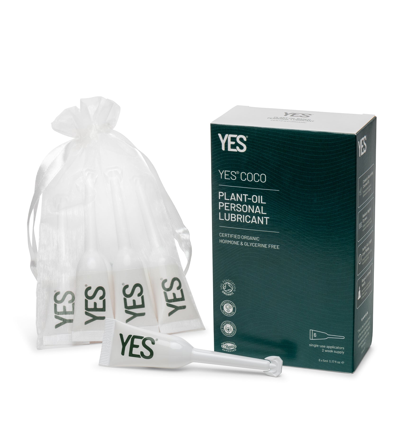 Yes COCO Oil-Based Lubricant - 6 Pack Applicator box and bag which contains the 5ml lubricant applicators, on a white background