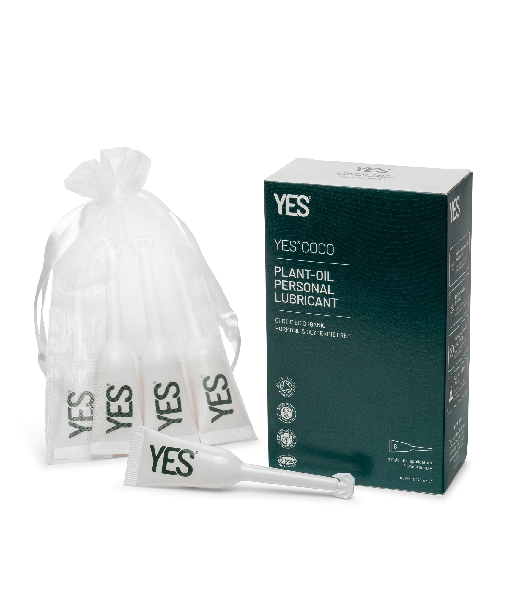 Yes COCO Oil-Based Lubricant - 6 Pack Applicator box and bag which contains the 5ml lubricant applicators, on a white background