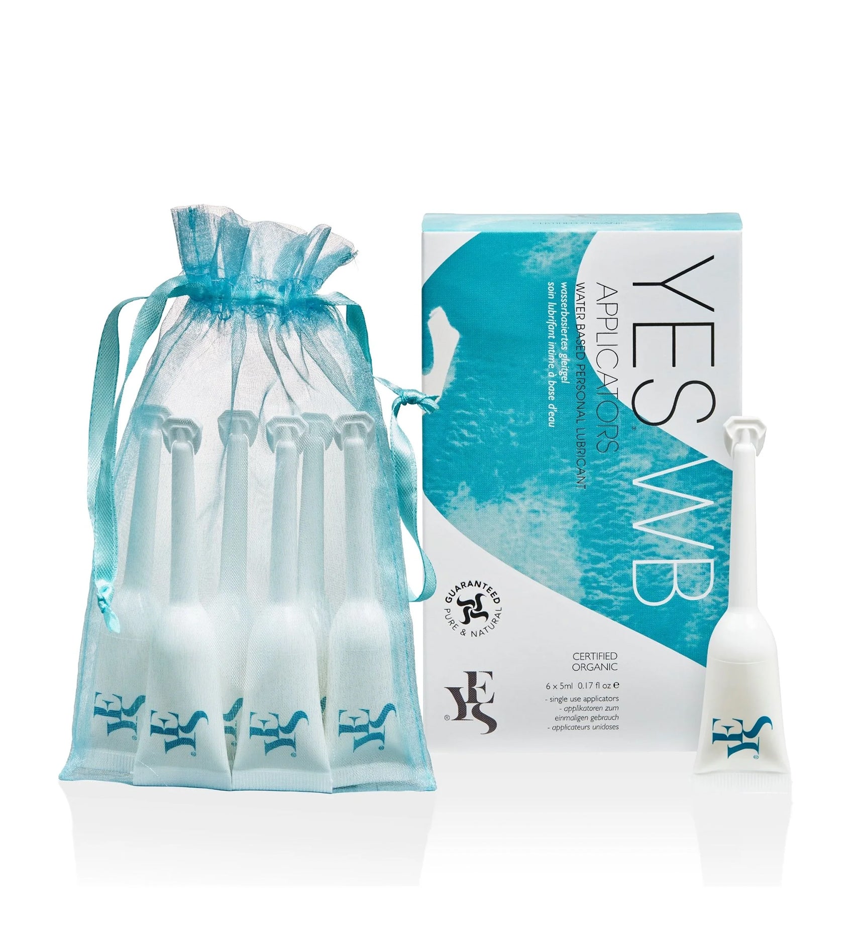 Yes Organic Water-Based Lubricant - 6 Pack Applicator, in a light blue mesh bag and the box next to it