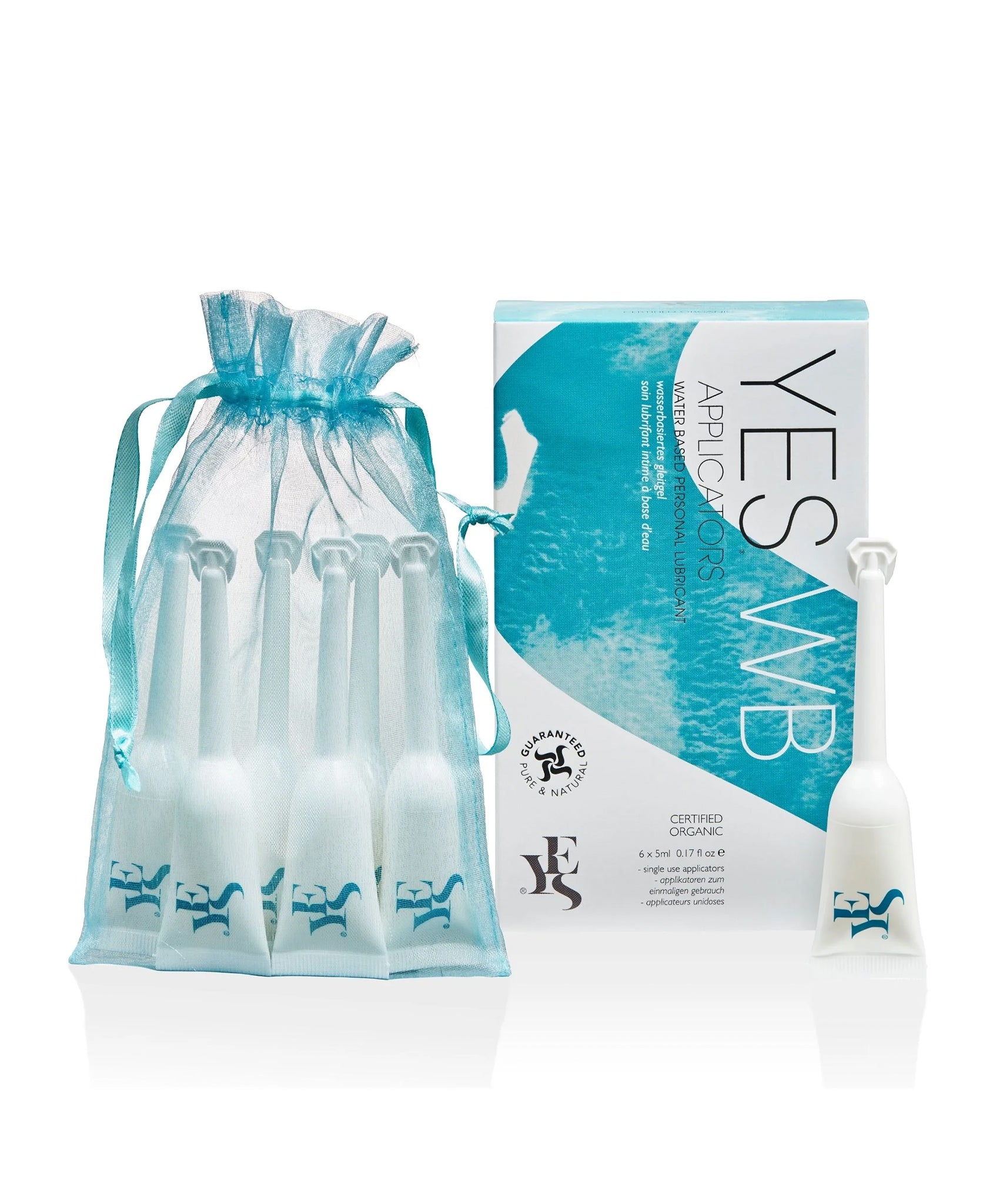 Yes Organic Water-Based Lubricant - 6 Pack Applicator, in a light blue mesh bag and the box next to it